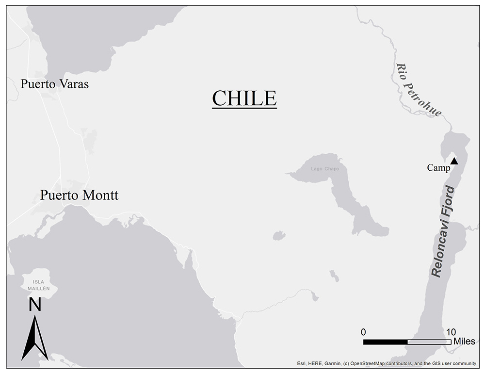 A black and white map of Patagonian Chile, showing the Reloncavi Fjord and location of a small camp. 