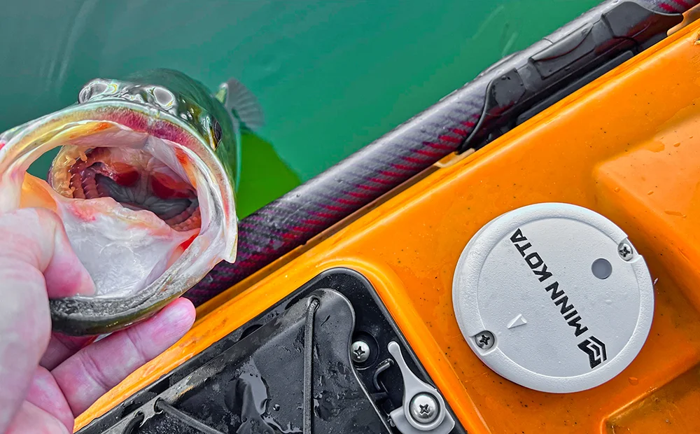 A top-down photo showing a minn kota heading sensor installed on the side of an orange Old Town Sportsman AutoPilot kayak. 