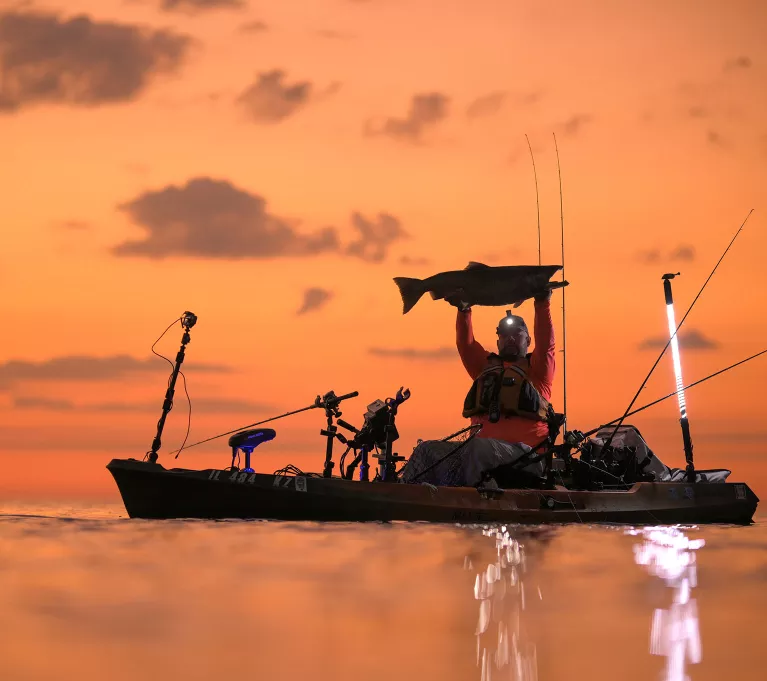 A kayak angler holds up a large king salmon, only a silhouette is visible against the dark orange sunrise.