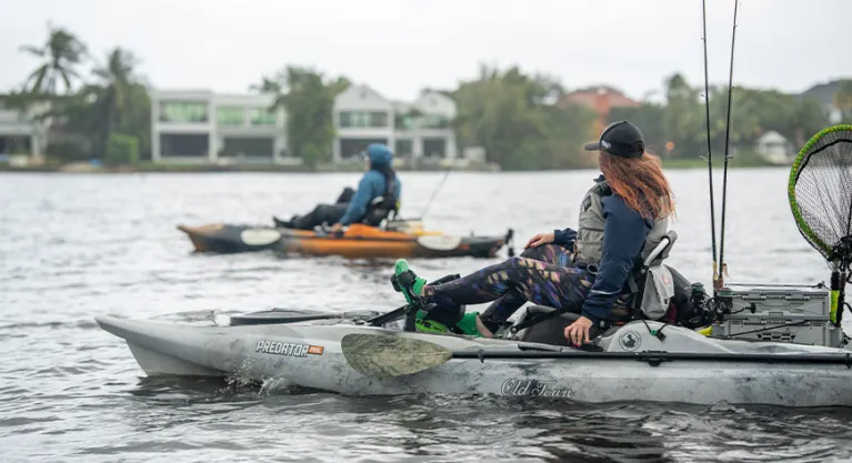 Two kayakers in Old Town Predator and Salty Sportsman kayak with ePDL+ retroFit consoles